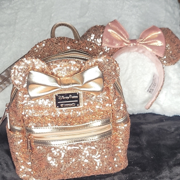 Loungefly rose gold mini backpack with ears - Picture 1 of 5